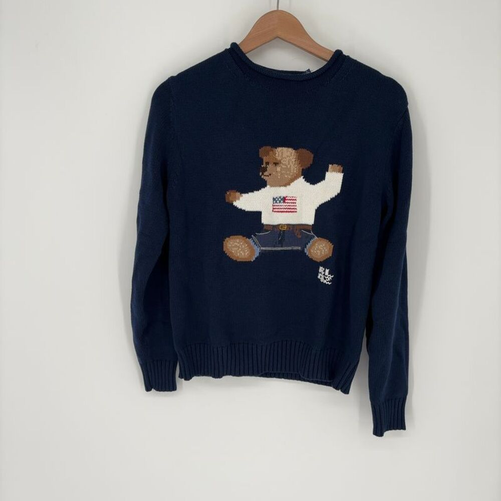 Polo Ralph Lauren Navy Roll Neck American Flag Sitting Polo Bear Knit Sweater